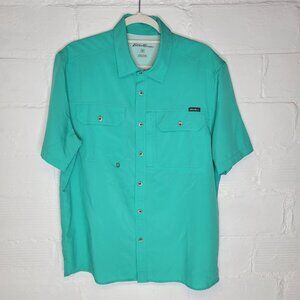 Eddie Bauer Men's Medium Button Front Shirt Short Sleeve Teal Blue Vented